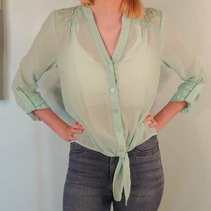 Teal EDGE Blouse With Lace And Tie Front